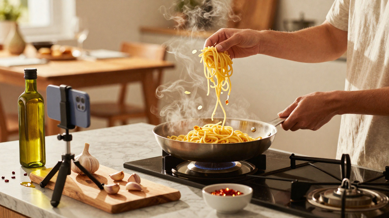 Pessoa mexendo macarrão na frigideira em fogão a gás enquanto grava com celular na cozinha.