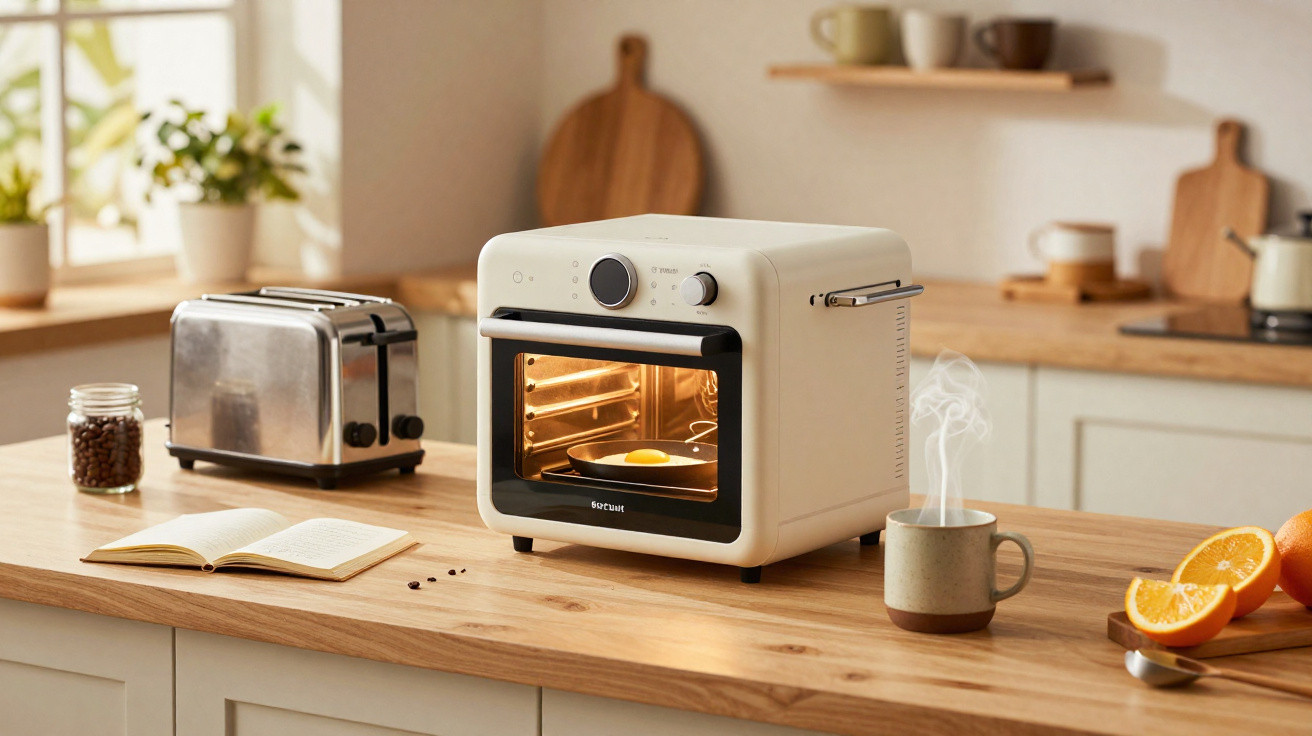 Forno elétrico portátil branco com ovo fritando, xícara fumegante, torradeira e frutas na bancada de cozinha.