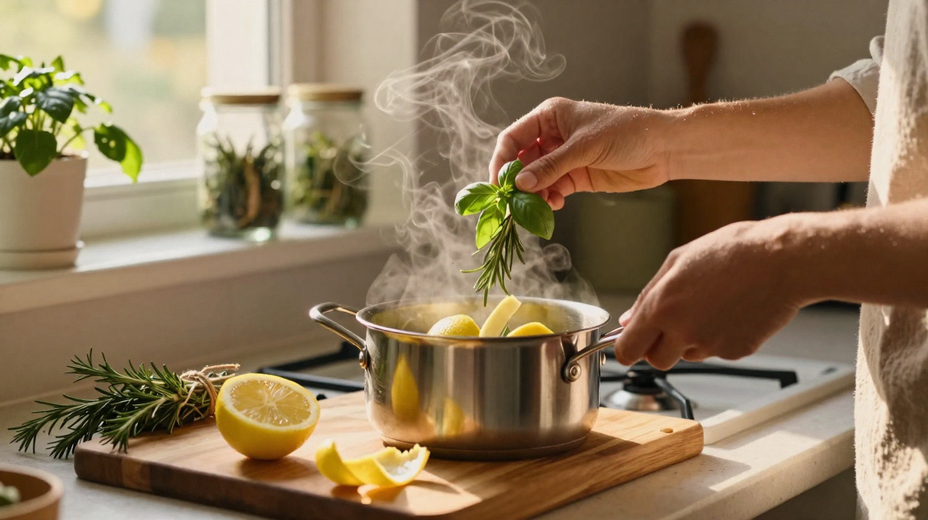 Mãos adicionam ervas em panela com limão e vapor em cozinha iluminada por luz natural.