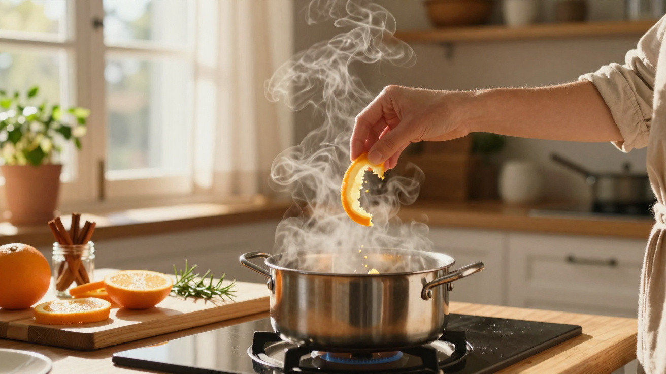 Mão adiciona casca de laranja em panela com vapor no fogão em cozinha iluminada e decorada.