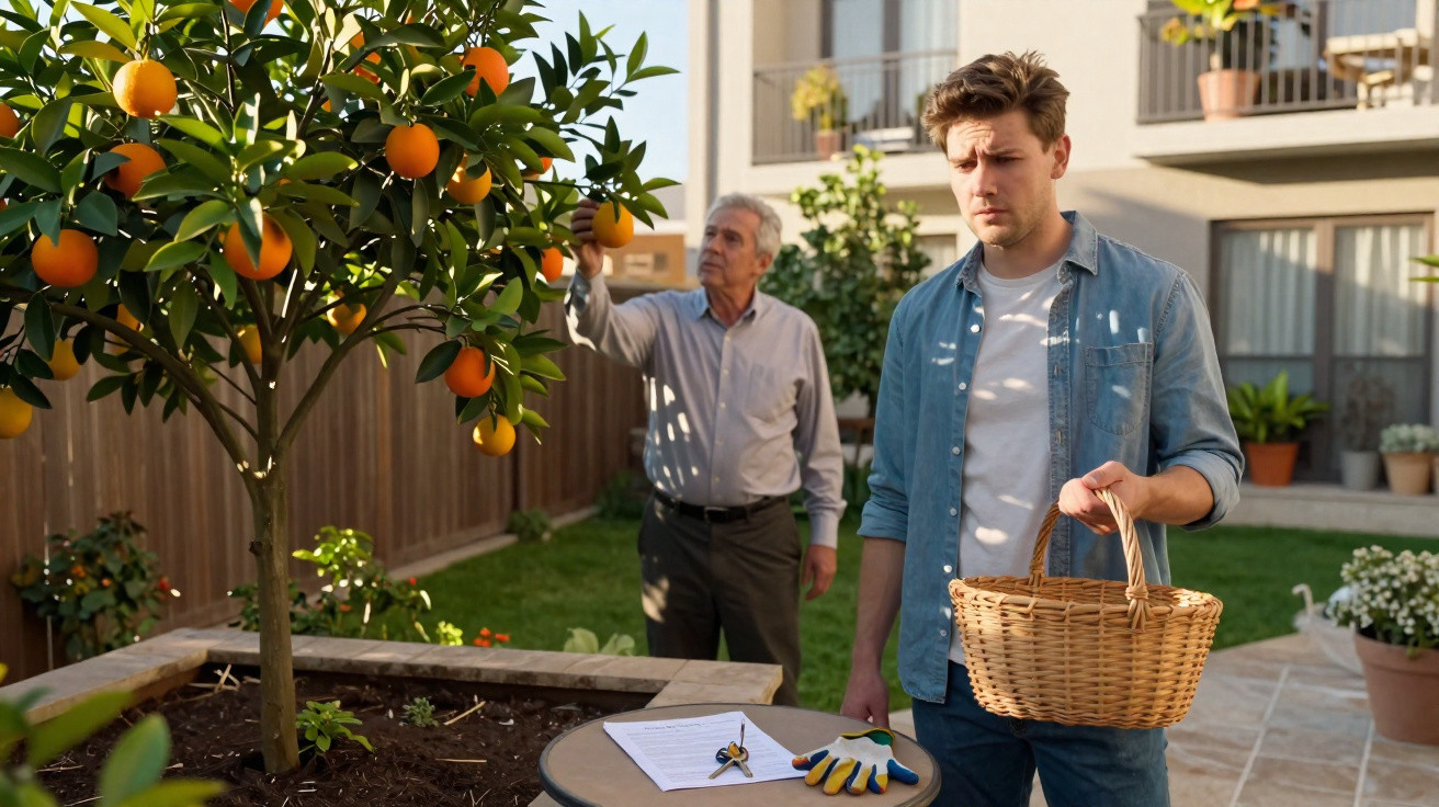 Homem jovem com cesta observa homem idoso colhendo frutas de árvore em jardim residencial.