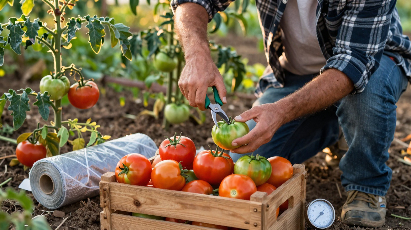 Pessoa colhendo tomates verdes com tesoura em plantação, caixa de madeira cheia de tomates maduros ao lado.