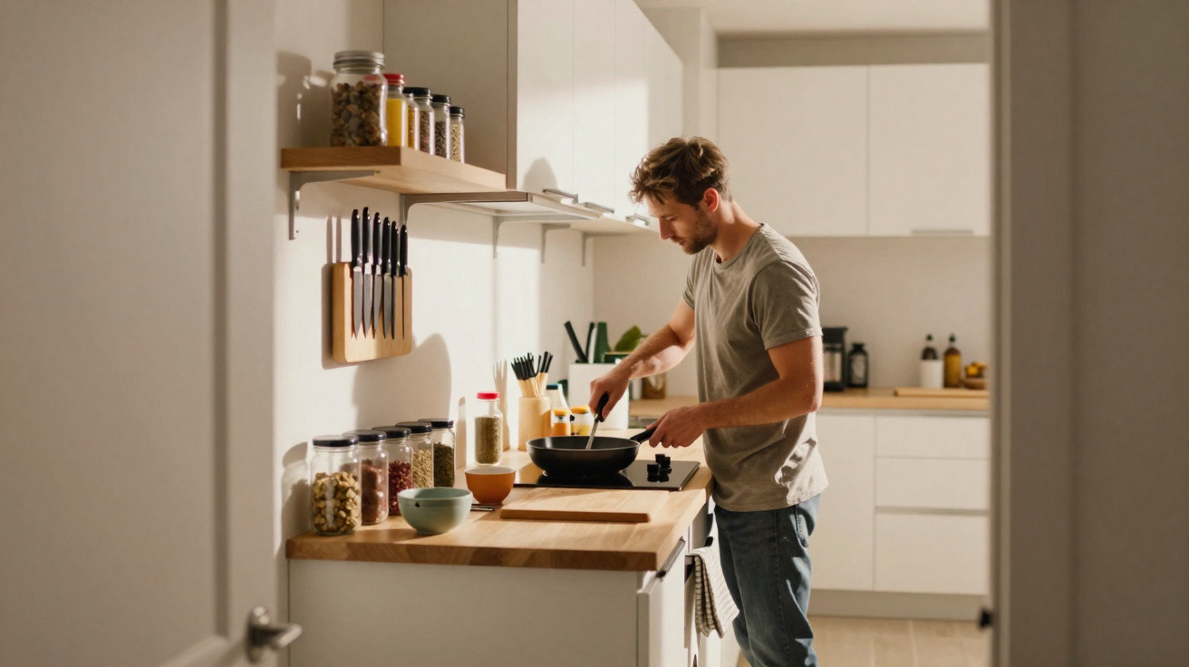 Homem cozinhando em cozinha moderna e organizada, usando frigideira no fogão.