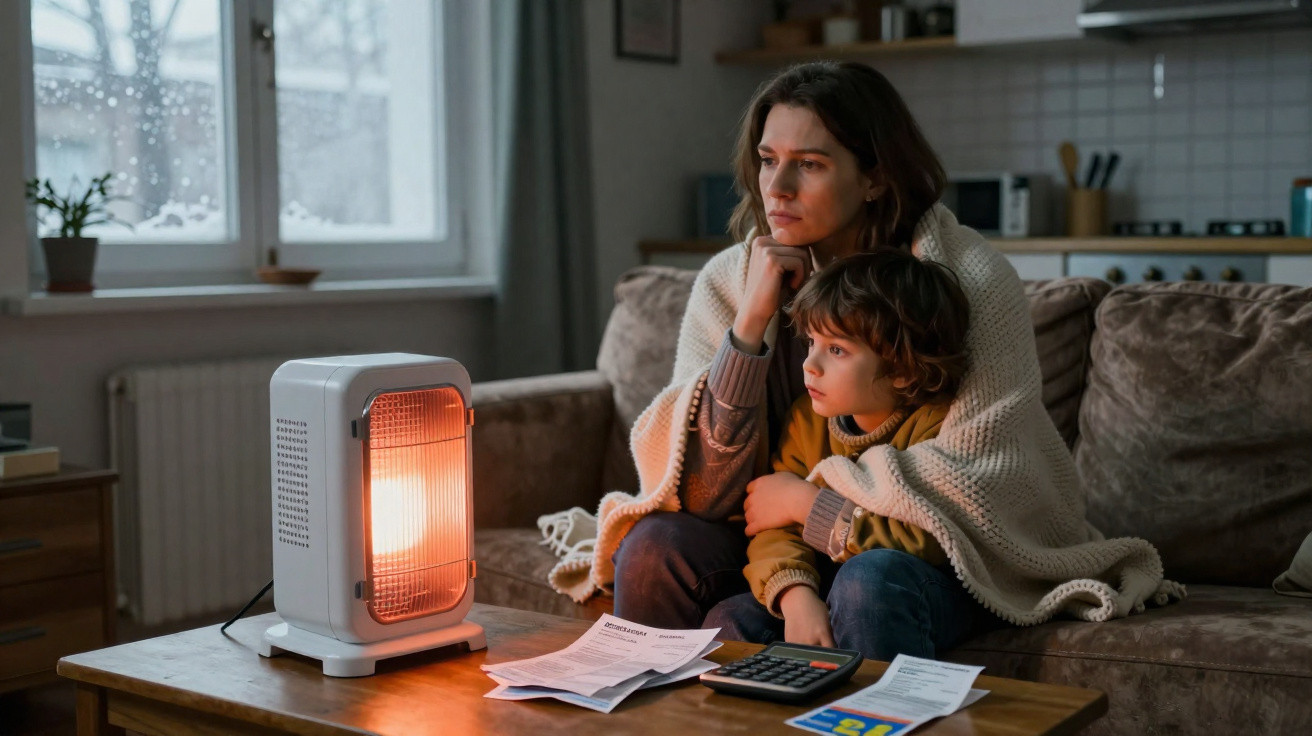 Mulher e menino abraçados com cobertor no sofá, aquecidos por aquecedor elétrico durante o inverno em casa.