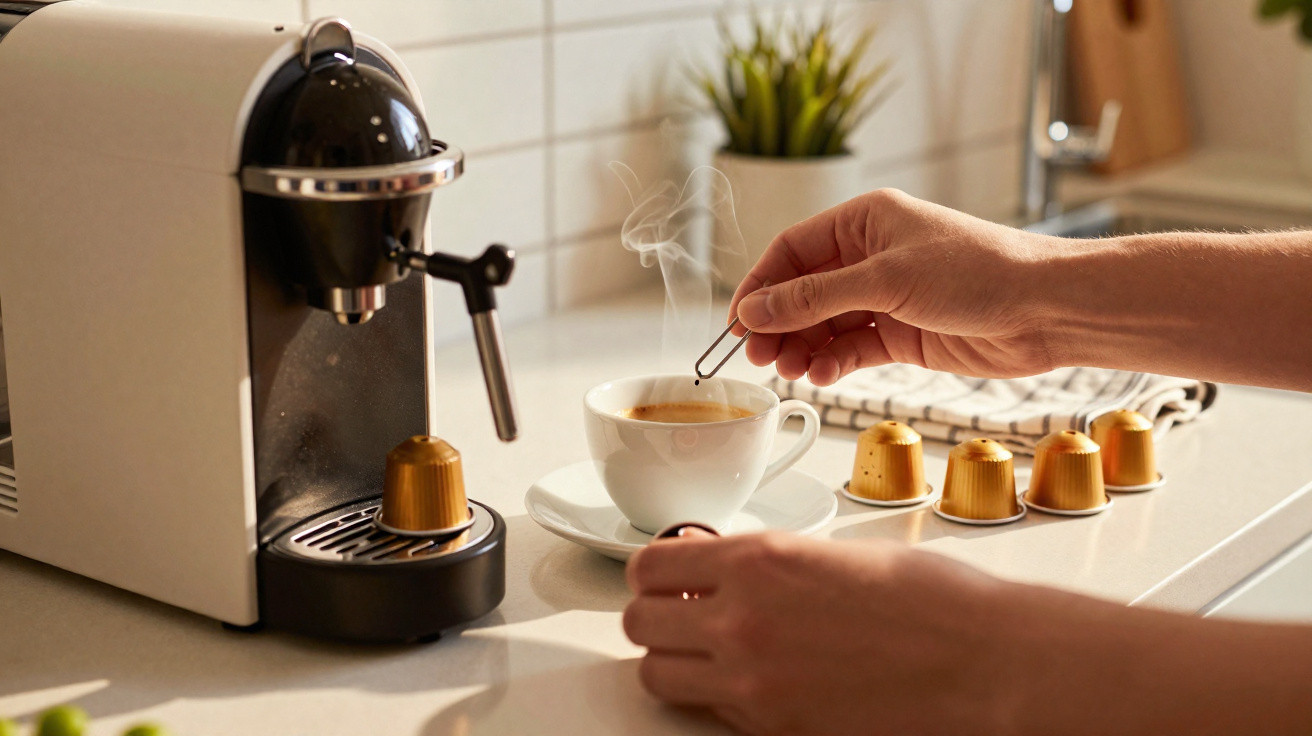 Máquina de café preparando bebida com cápsulas douradas e xícara branca na bancada da cozinha.