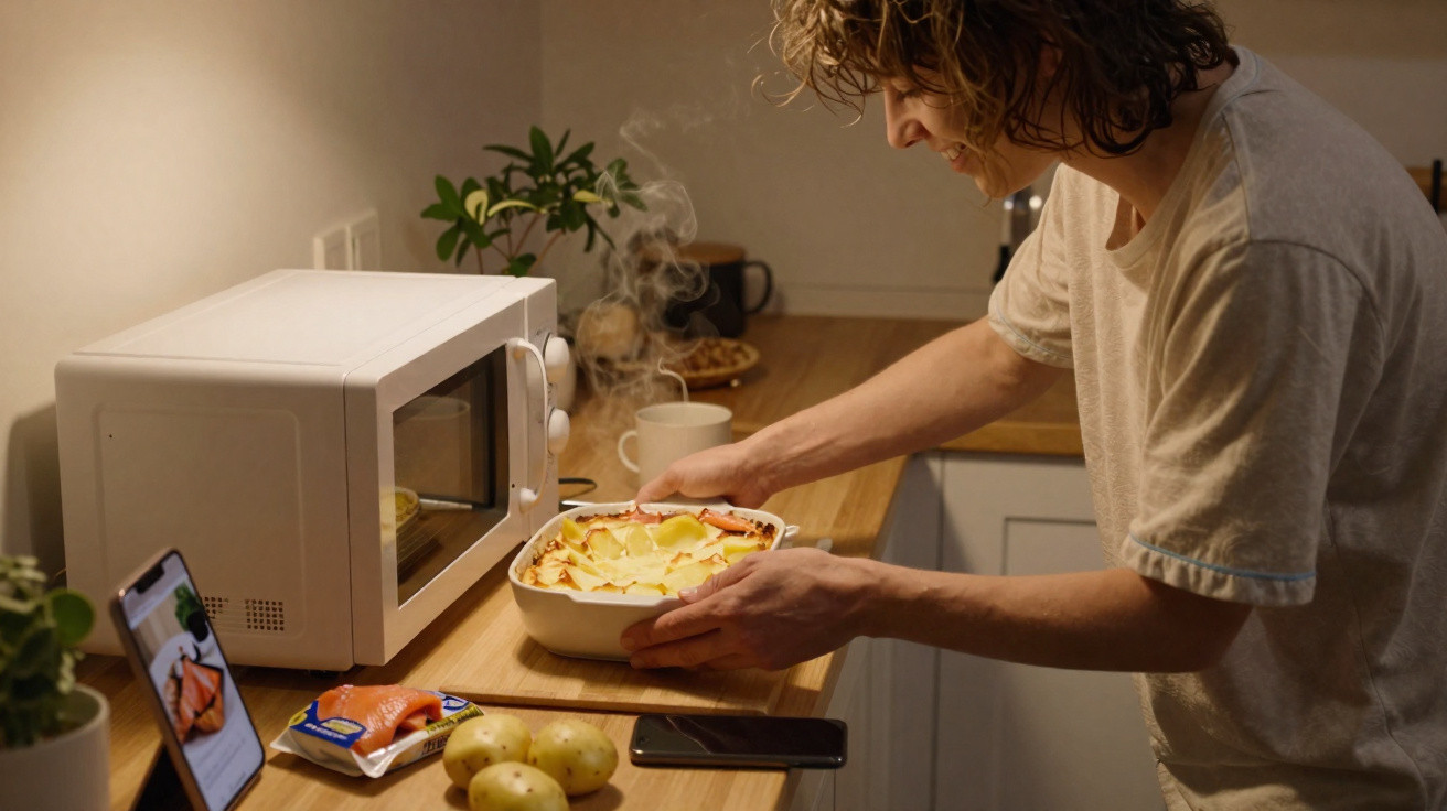Pessoa retirando um prato de lasanha quente do micro-ondas em cozinha com smartphone e legumes na bancada.