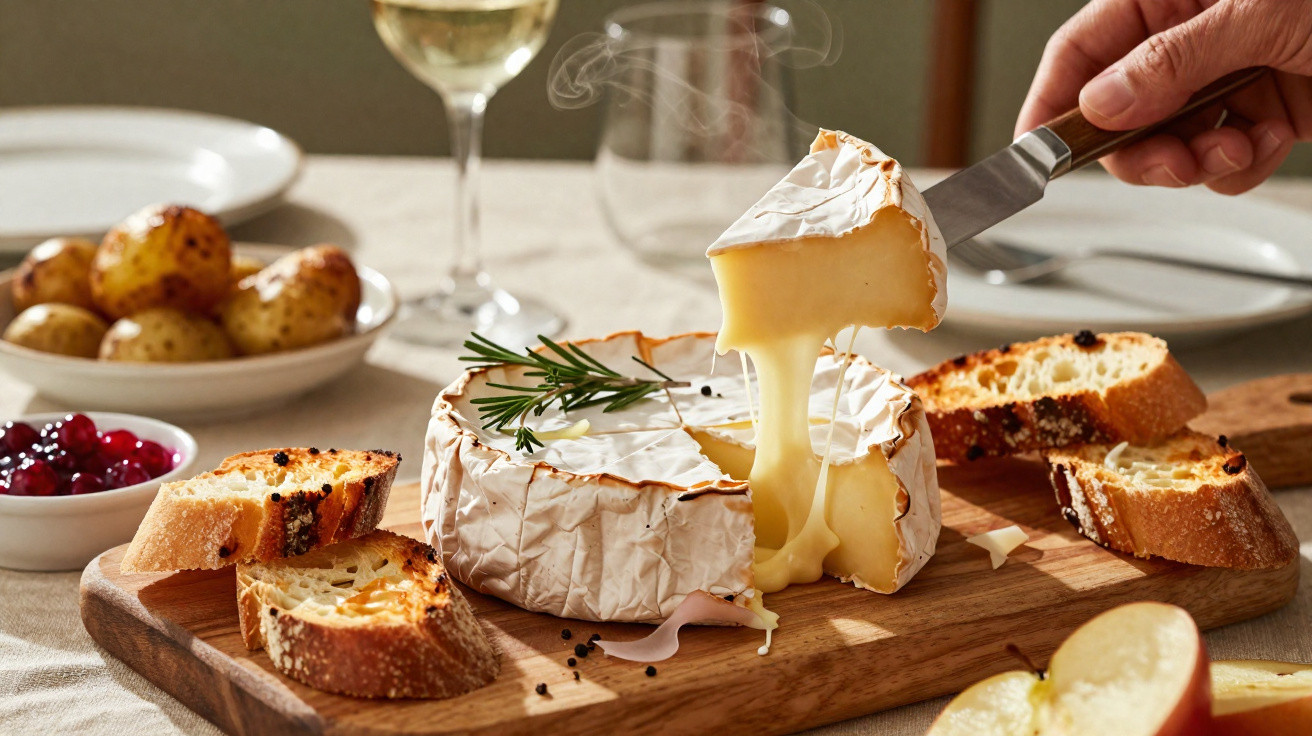 Queijo brie derretido servido com fatias de pão, batatas e vinho branco, em tábua de madeira.