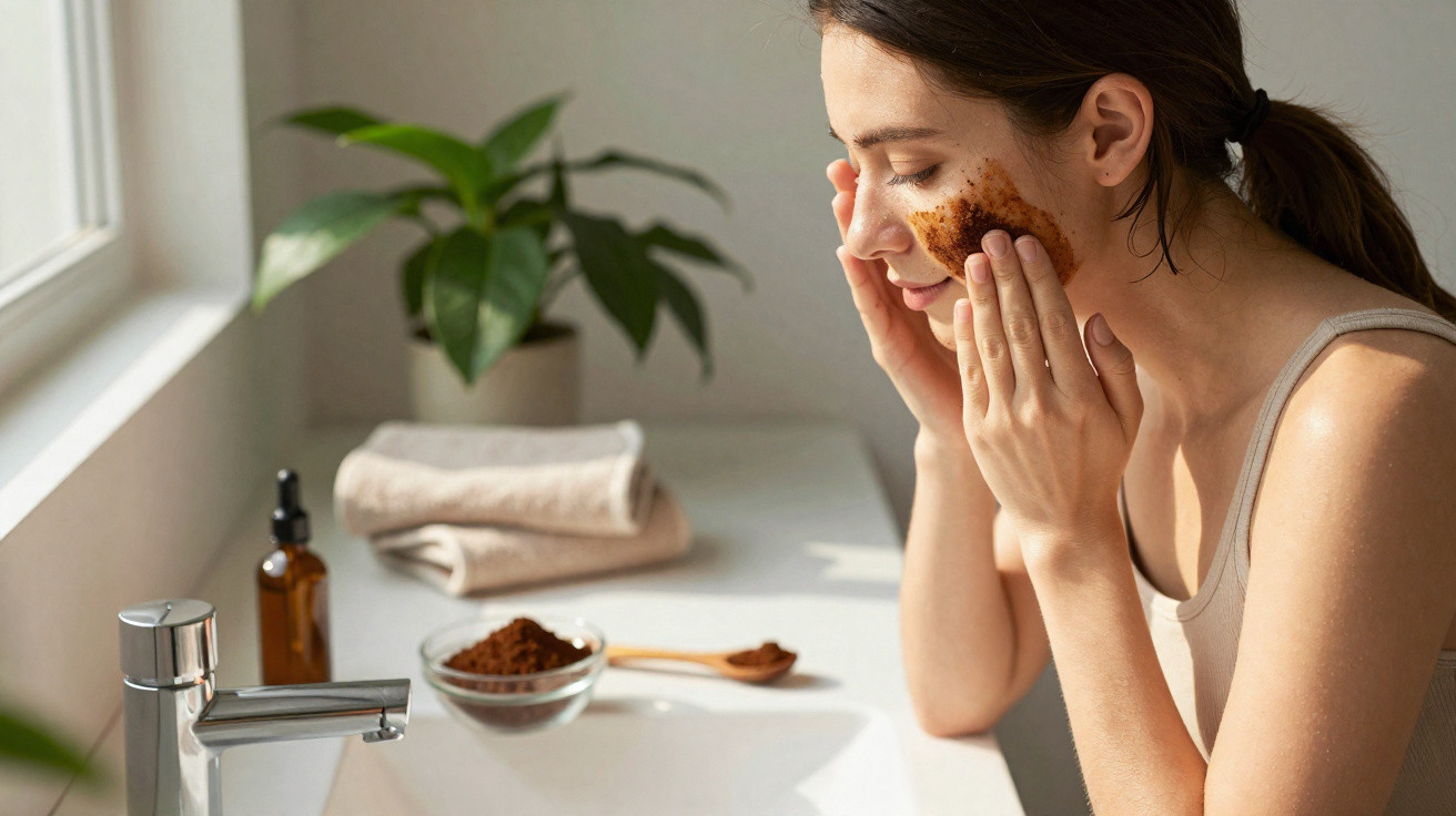 Mulher aplicando esfoliante natural no rosto ao lado de pia com toalha e frascos de cosméticos.