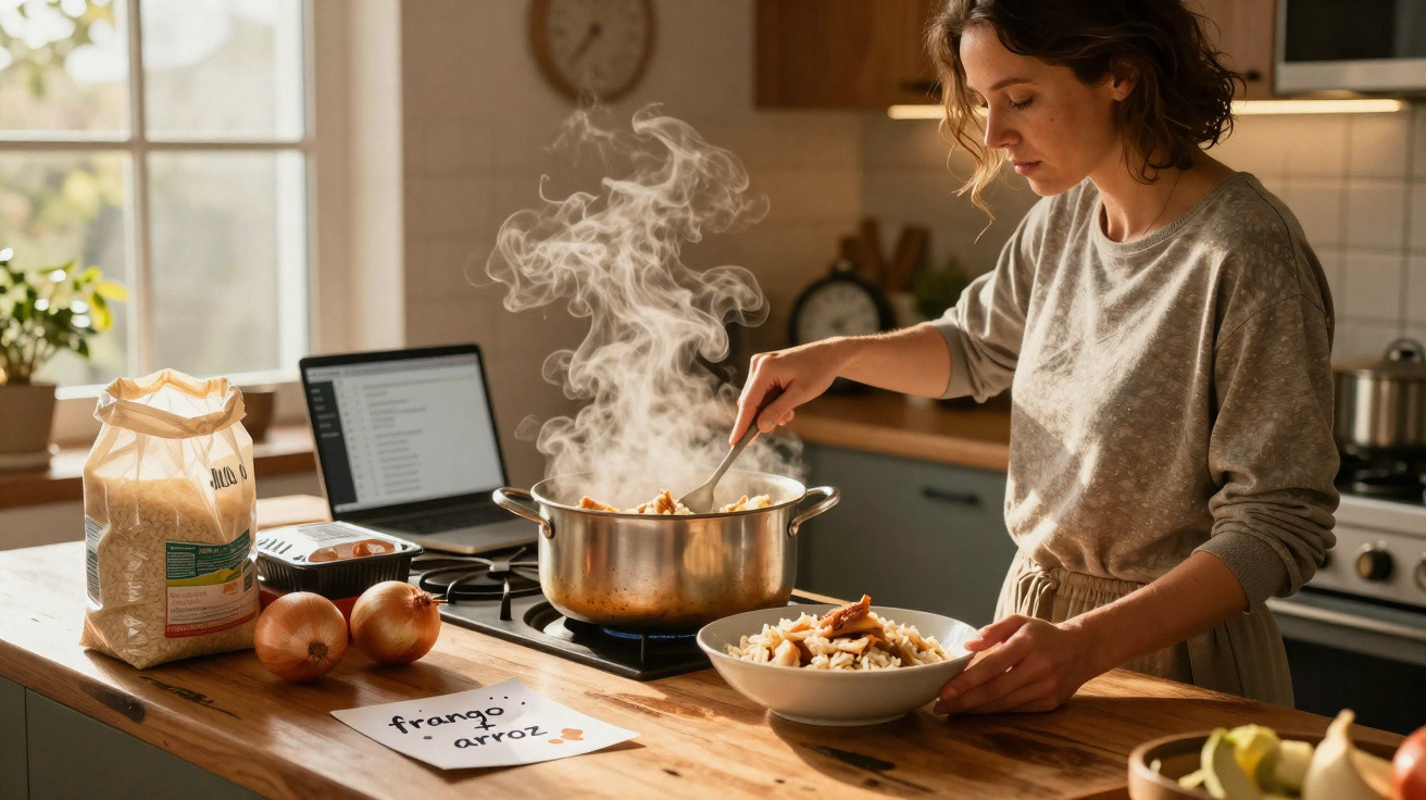 Mulher servindo comida quente de panela em ambiente de cozinha aconchegante com arroz e cebolas na bancada.