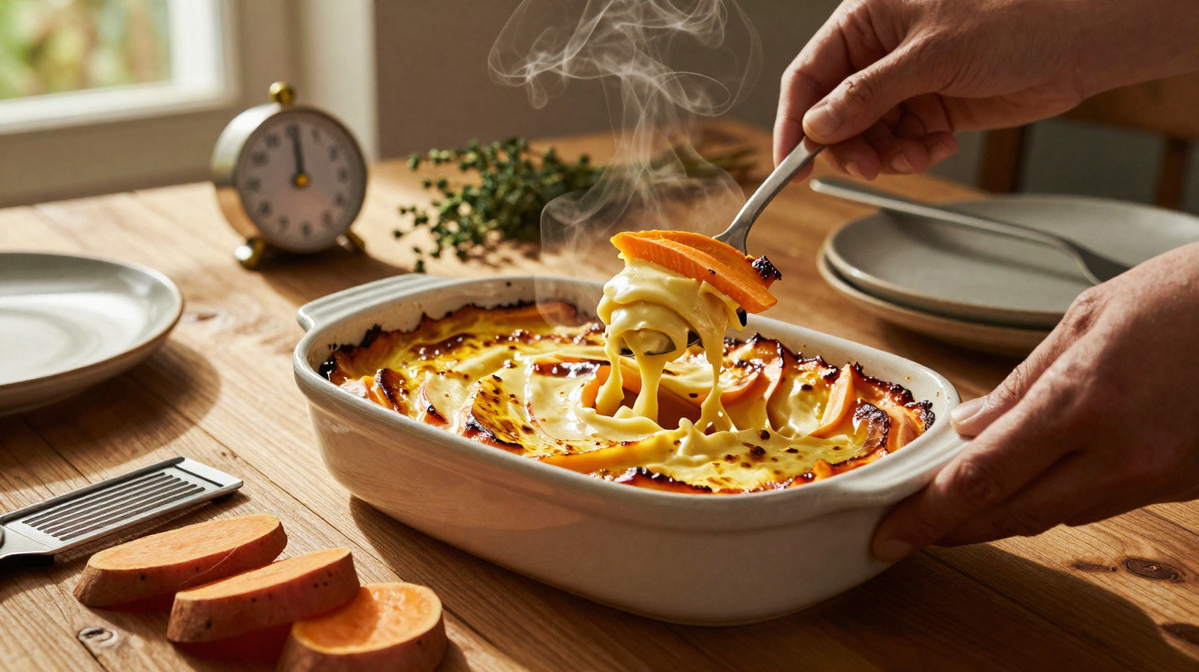 Mãos seguram prato quente com gratinado de batata-doce em fatias, em mesa de madeira com ralador e pratos.