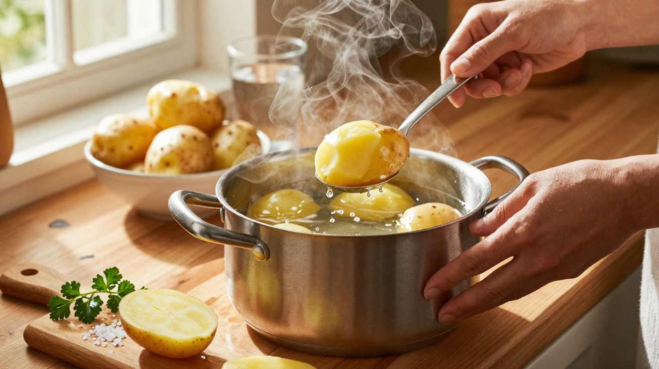 Mãos retirando batata quente com escumadeira de panela com batatas cozidas fumegantes em cozinha iluminada.