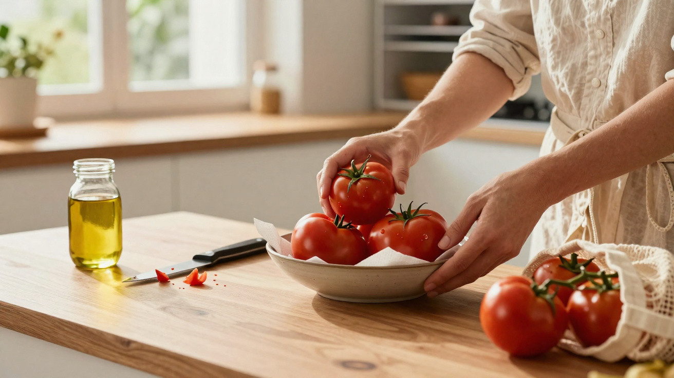 Pessoa colocando tomates frescos em um prato na bancada de cozinha com garrafa de azeite ao lado.