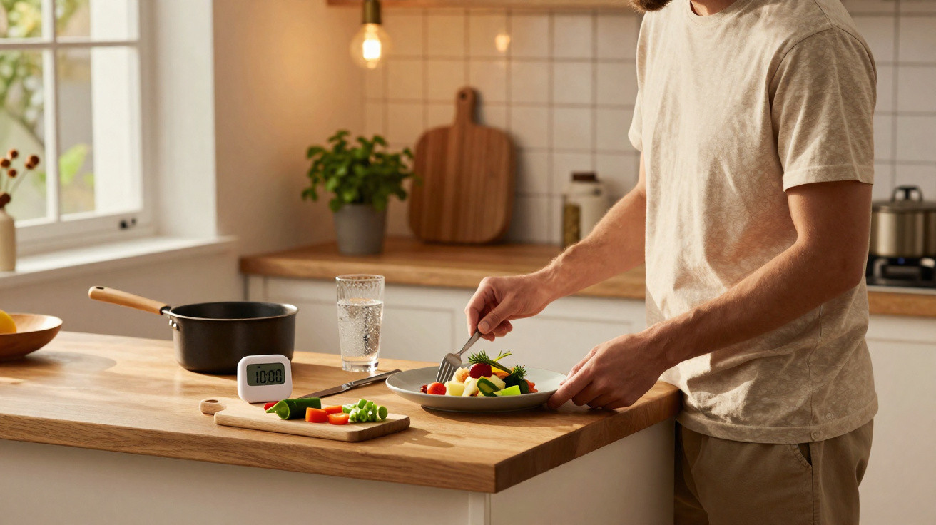 Pessoa preparando Salada saudável com vegetais frescos em cozinha iluminada e moderna
