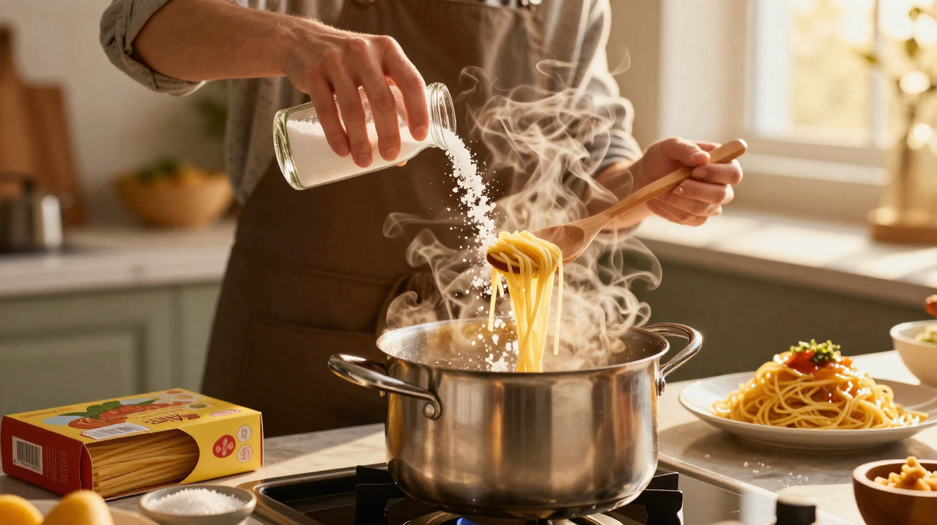 Pessoa adicionando sal ao macarrão cozinhando em panela no fogão em cozinha iluminada.