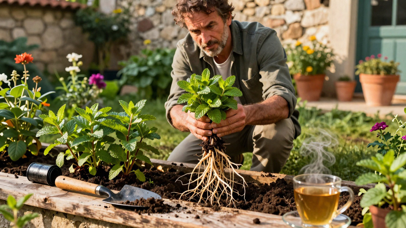Homem com barba transplantando planta em canteiro de jardim com chá em xícara ao lado.