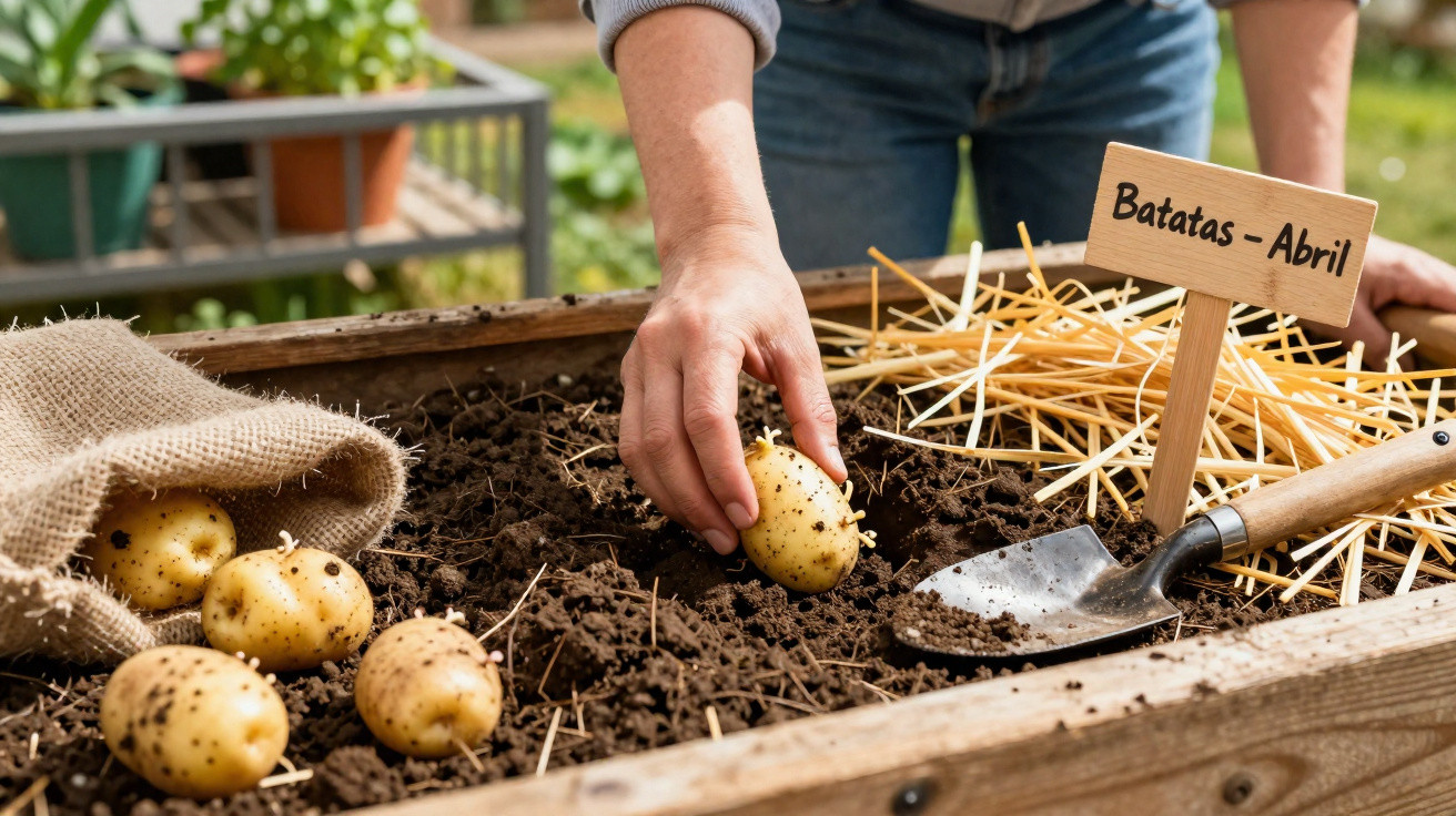 Pessoa plantando batatas em canteiro com placa indicando "Batatas - Abril" e ferramenta de jardinagem ao lado.