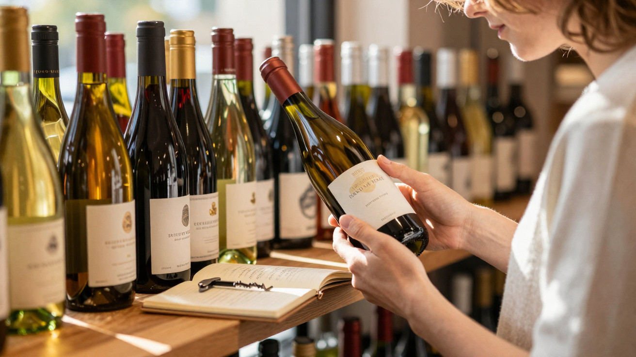 Pessoa segurando uma garrafa de vinho enquanto olha rótulo em prateleira com várias garrafas de vinho.