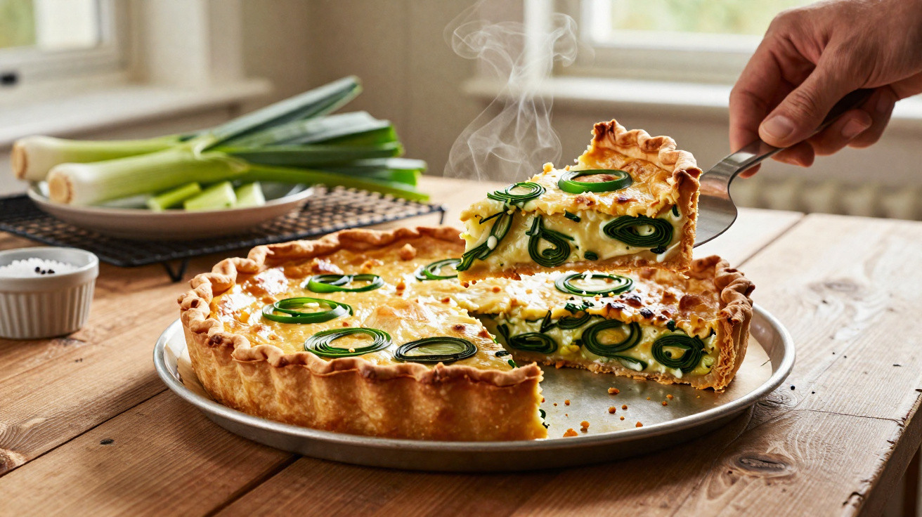 Torta quente de legumes com vagens verdes cortadas em fatias, sendo servida em uma mesa de madeira.