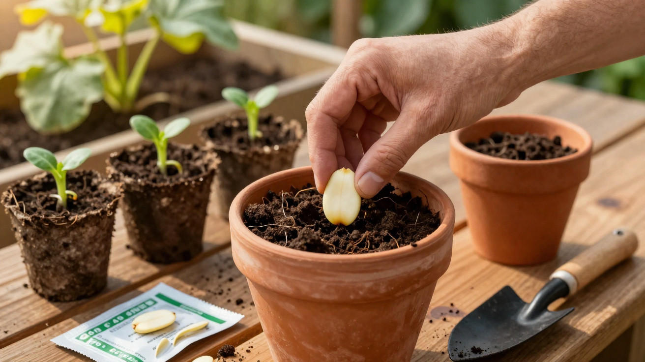 Mão plantando semente em vaso de barro com mudas e pá de jardim em mesa de madeira.