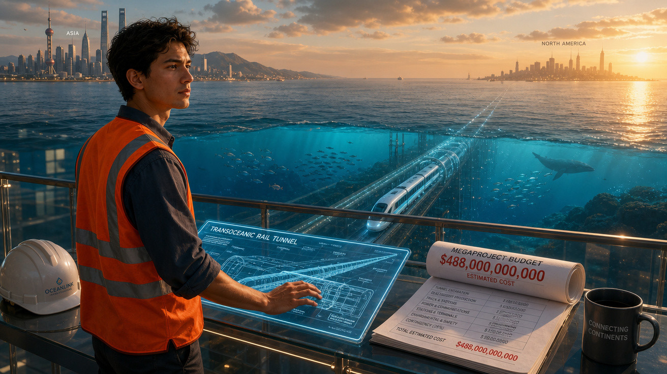 Engenheiro observa projeto futurista de túnel ferroviário submarino ligando continentes na costa ao pôr do sol.