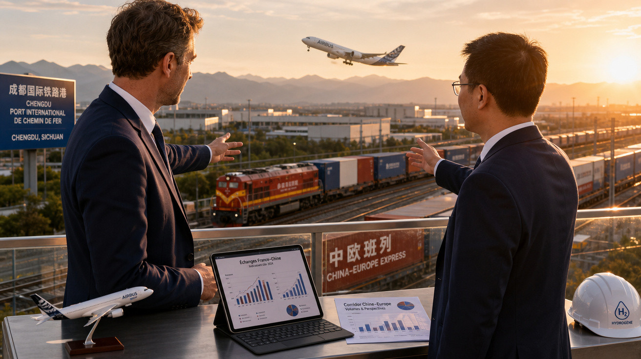 Dois homens de negócios observam avião decolando e trem de carga no porto ferroviário internacional de Chengdu.