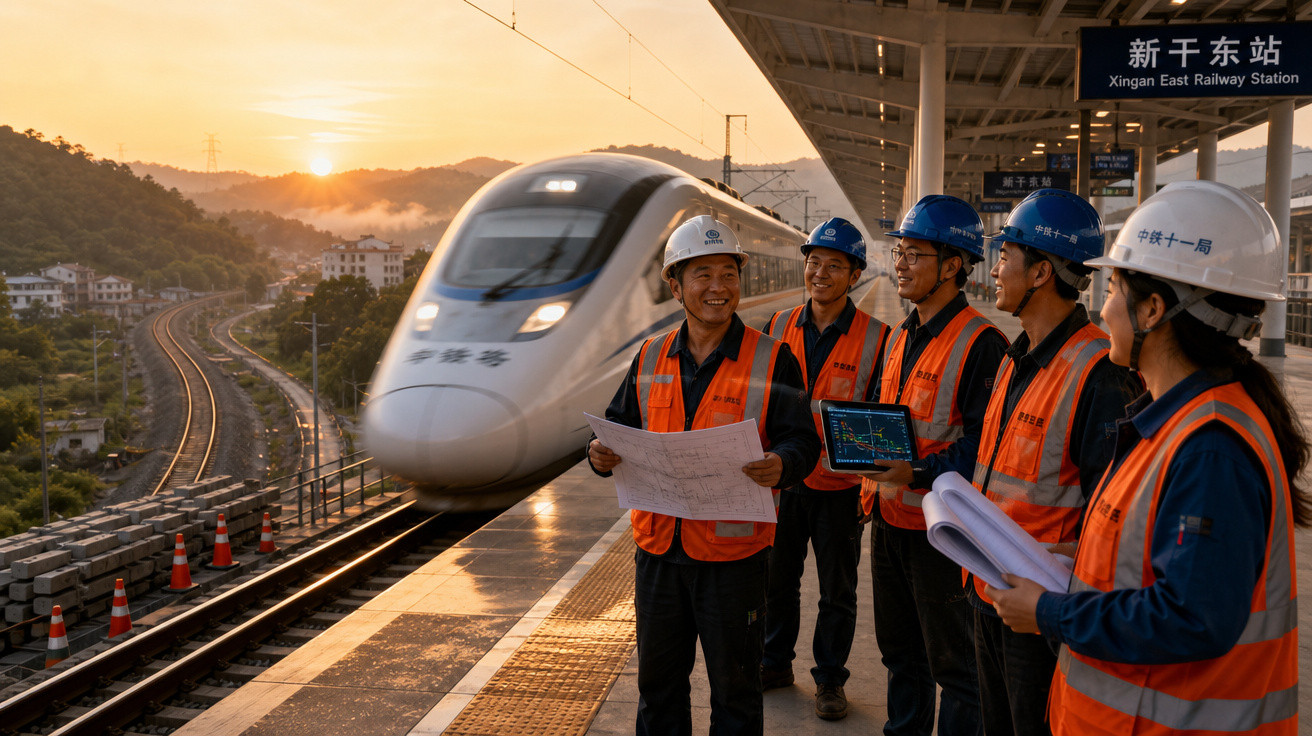 Engenheiros com capacetes e coletes refletores no trilho da estação ferroviária ao pôr do sol, trem passando rápido.