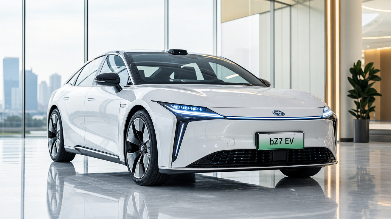 Carro elétrico branco Toyota bZ7 EV estacionado em ambiente moderno e iluminado com janelas grandes.