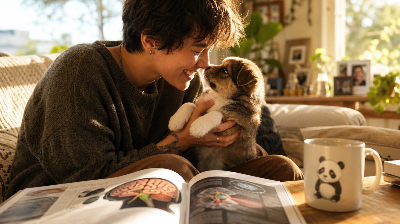 Pessoa sorrindo segurando filhote de cachorro em sala com livro aberto e caneca com desenho de panda.