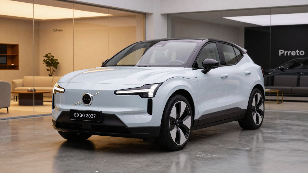 Carro elétrico Volvo EX30 2027 branco exibido em ambiente interno moderno e minimalista.