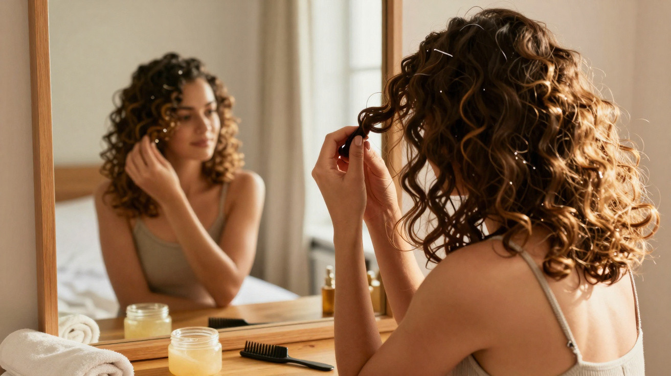Mulher com cabelo cacheado arrumando um fio de cabelo em frente ao espelho no quarto.