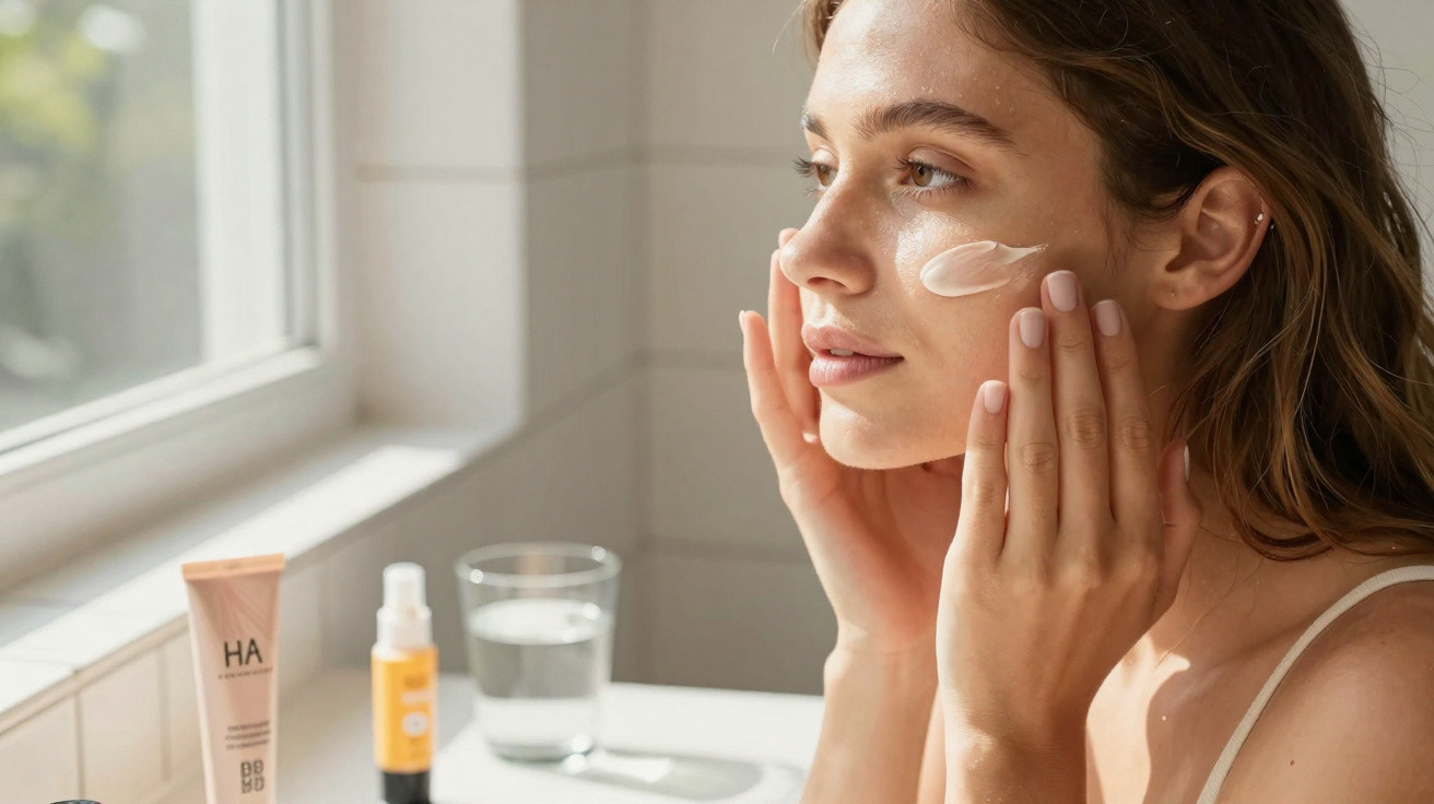 Mulher aplicando creme hidratante no rosto próxima à janela com produtos de cuidados na bancada.