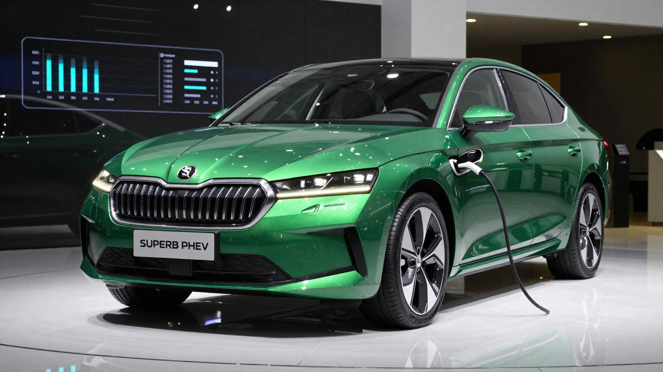 Carro elétrico verde Škoda Superb PHEV em exposição, com cabo de carregamento conectado.