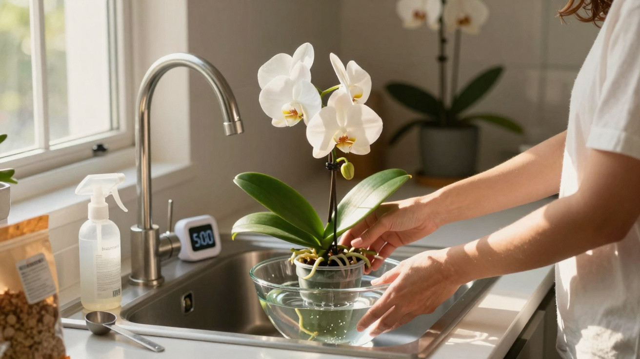 Pessoa regando orquídea branca em vaso dentro de pia de cozinha iluminada por luz natural.
