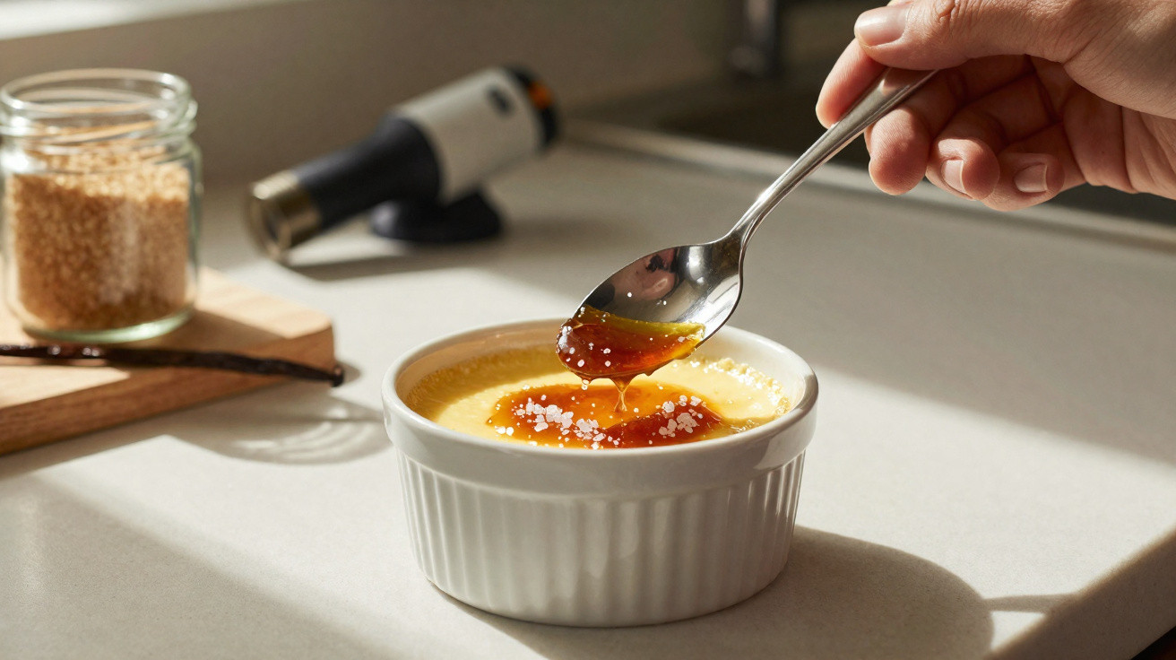 Mão com colher caramelizando a superfície de um creme de confeiteiro em ramequim branco.