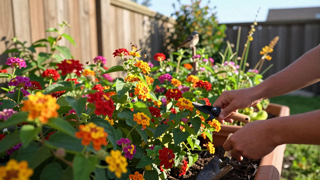 Mãos cuidando de flores coloridas em vaso, com pá de jardinagem e cerca ao fundo em um jardim.