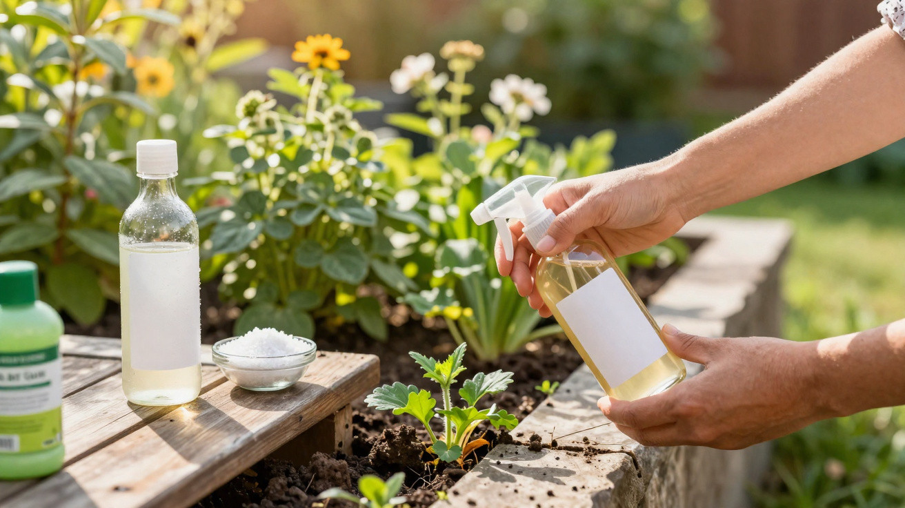 Mãos aplicando spray em planta jovem em canteiro com garrafas e sal em pote ao lado.