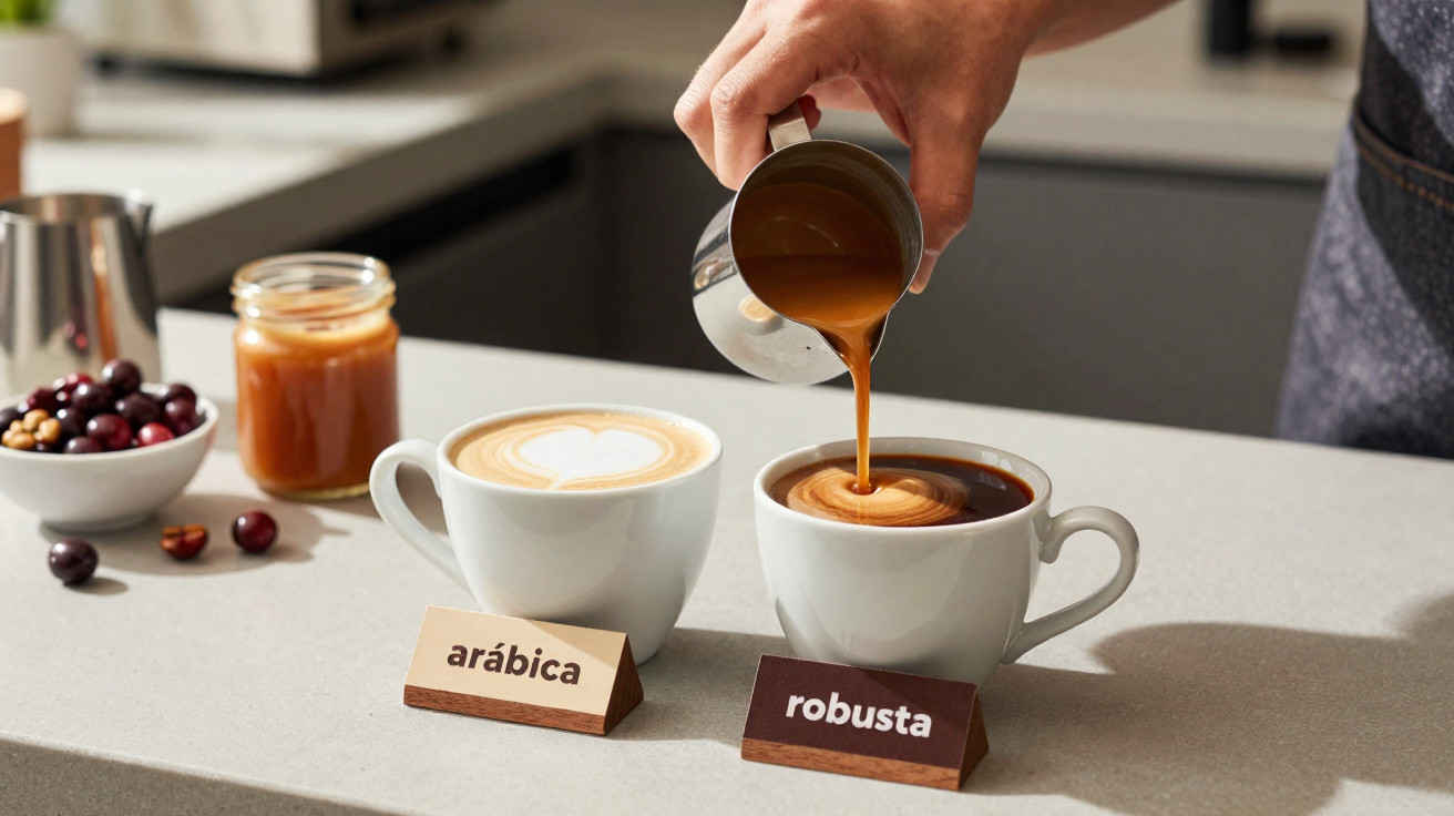 Duas xícaras de café, uma com latte art arábica e outra com café robusta sendo servido.