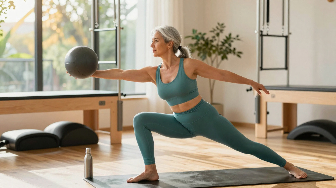 Mulher madura praticando alongamento com bola em estúdio de pilates com luz natural.