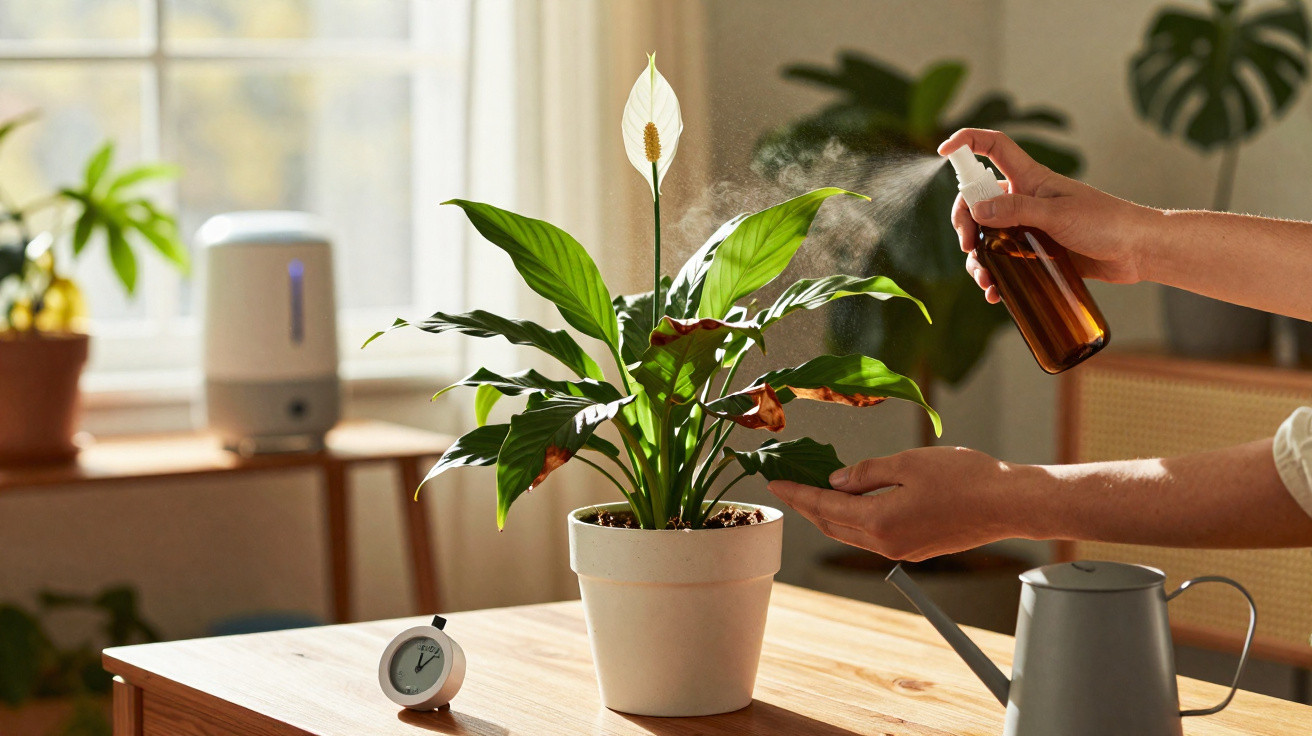 Pessoa borrifando água em planta com flor branca em vaso sobre mesa de madeira em ambiente interno.