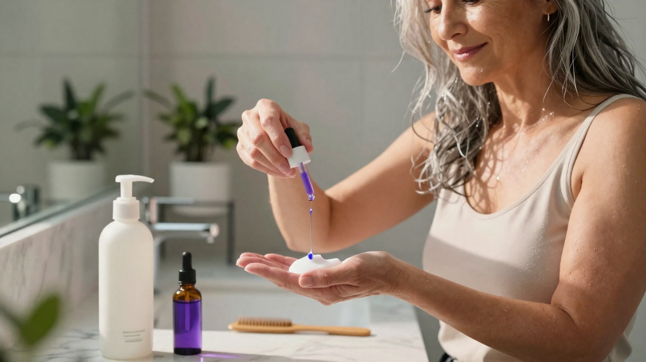 Mulher aplicando soro roxo na mão em banheiro, com frascos e planta ao fundo.