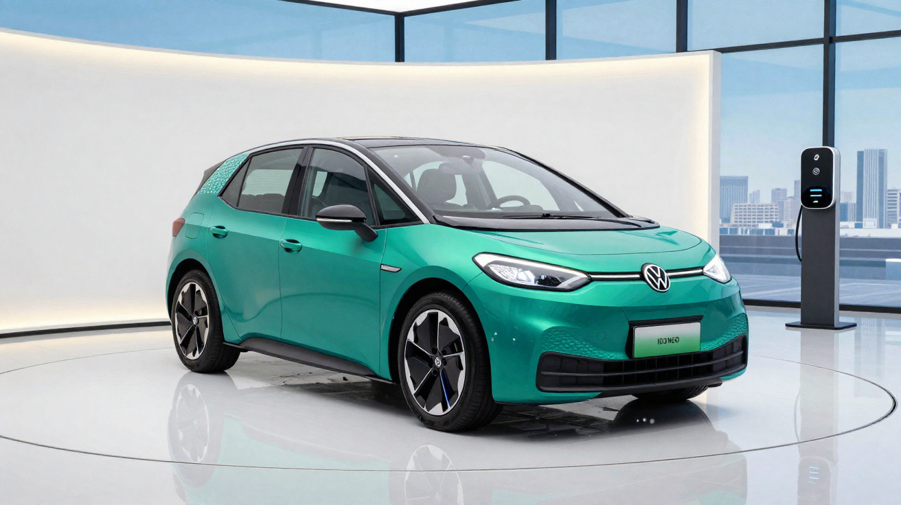 Carro elétrico compacto verde Volkswagen ID.3 azul em exibição, com estação de carregamento ao fundo.