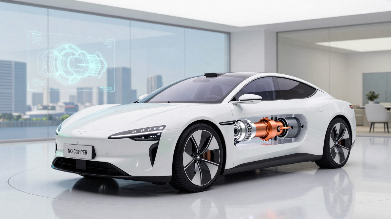 Carro elétrico branco em ambiente moderno com motor elétrico parcialmente visível na lateral.