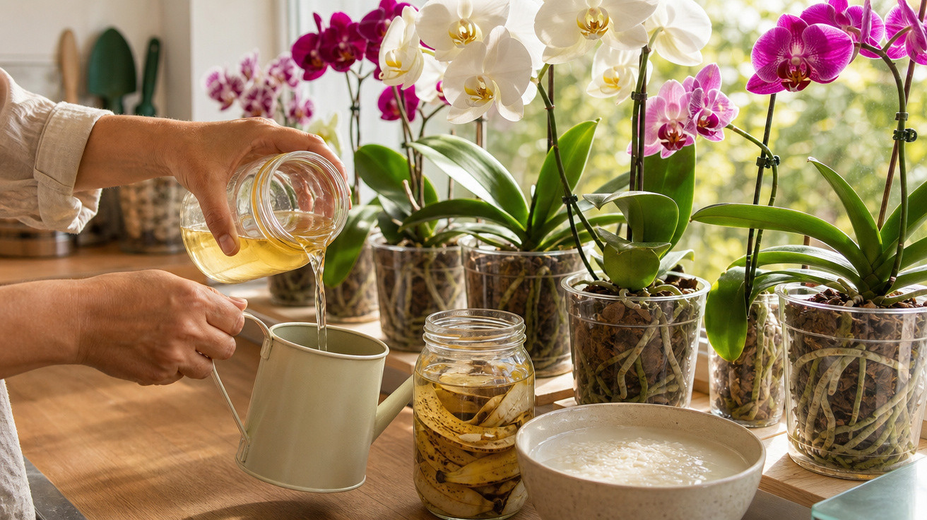 Pessoa derramando água em regador com orquídeas brancas e roxas em vasos transparentes à beira da janela.