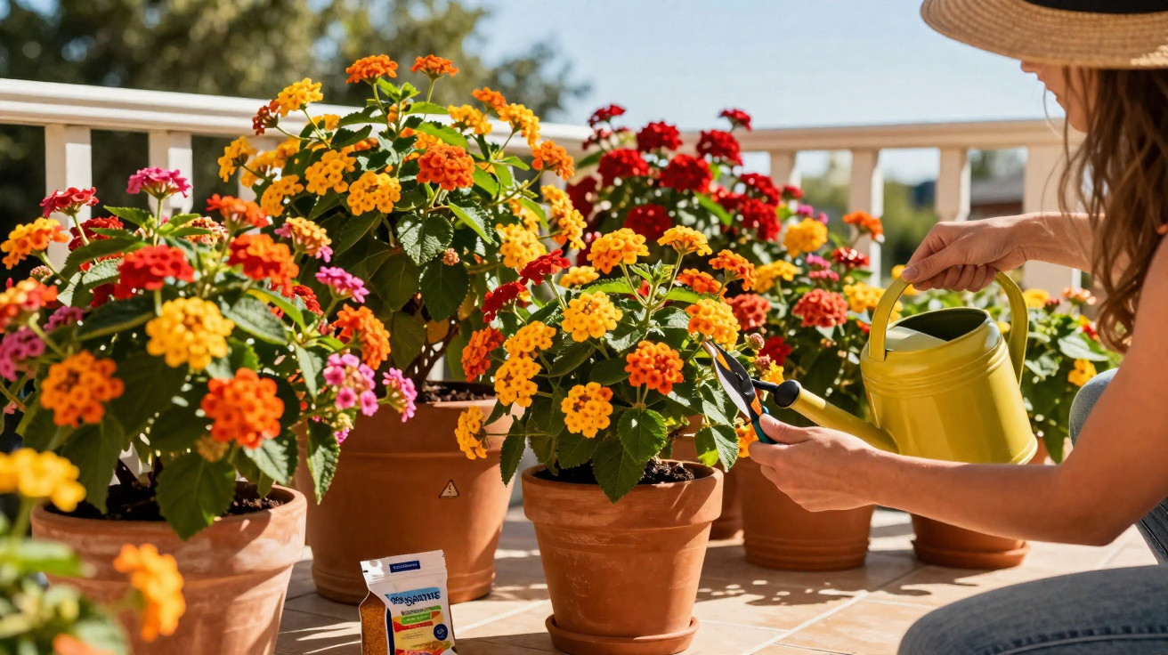 Pessoa cuidando de vasos com flores coloridas em varanda ensolarada usando regador e tesoura de poda.
