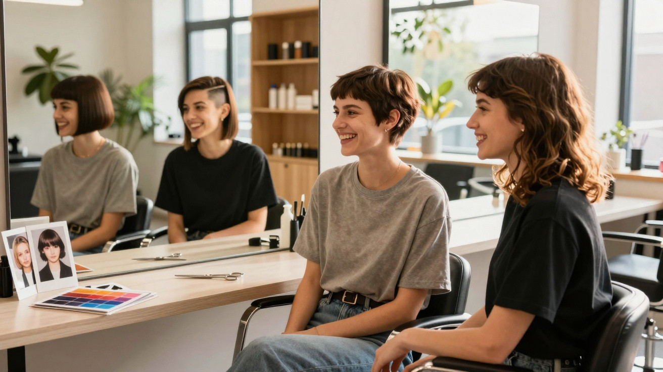 Duas mulheres sorrindo sentadas em cadeiras de salão, com espelho e fotos de cortes de cabelo à frente.