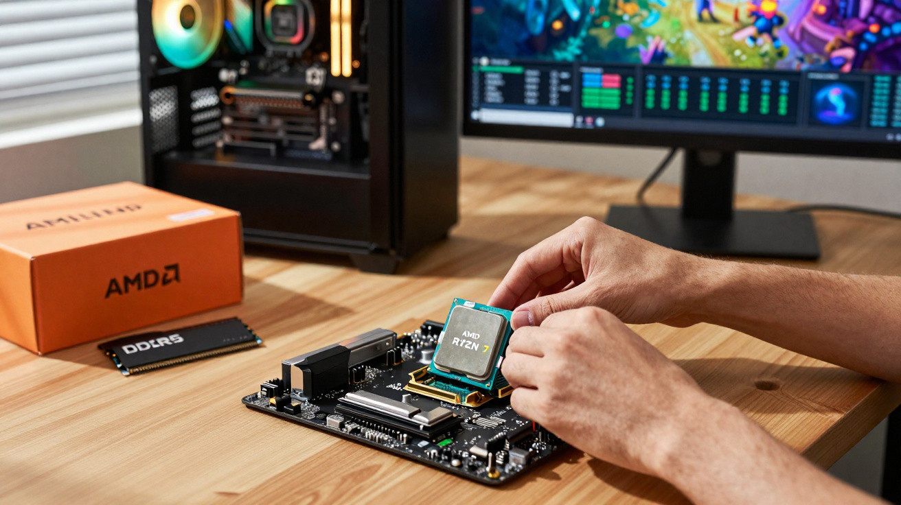 Pessoa instalando processador AMD Ryzen 7 em placa-mãe com PC aberto e monitor ao fundo.