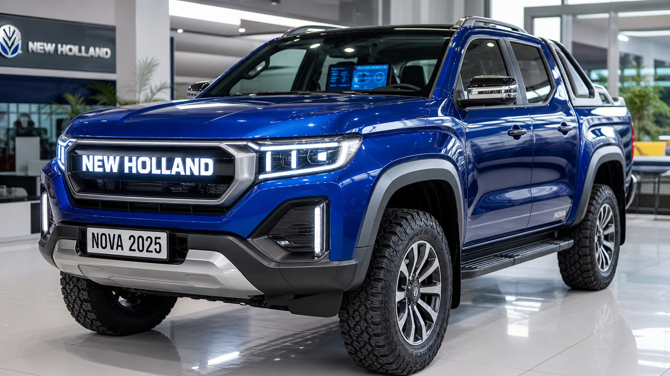 Picape azul New Holland 2025 em showroom moderno com iluminação e destaque na grade frontal.