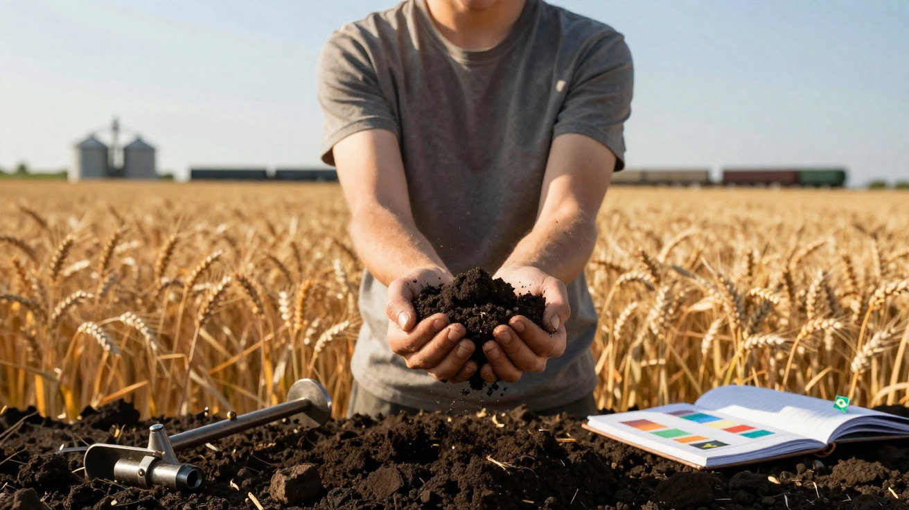 Pessoa segurando terra fértil com campo de trigo ao fundo, notebook aberto e ferramenta agrícola sobre a terra.