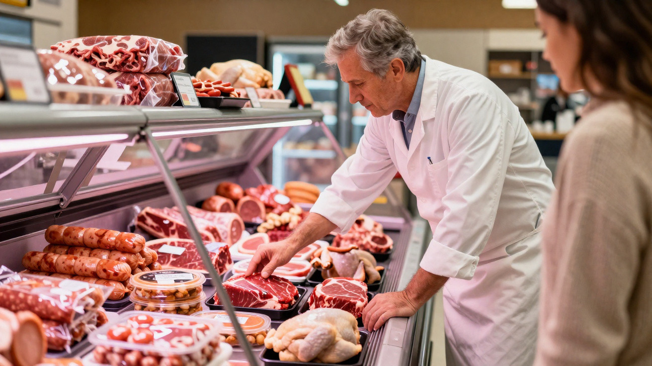 Açougueiro com jaleco branco seleciona carne em balcão refrigerado de açougue para cliente mulher.