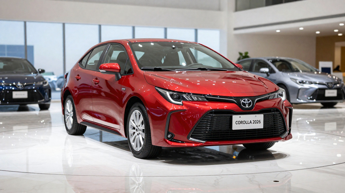 Carro Toyota Corolla 2026 vermelho em exposição interna com outros carros ao fundo.